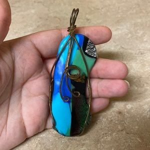 Dichroic Glass Pendant with Hand-Woven Wire Frame